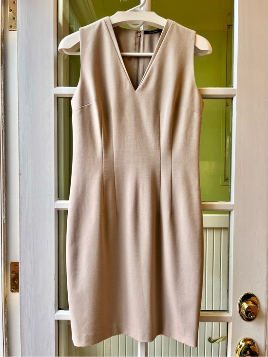 Tahari Dresses & Skirts - Tahari Beige V-Neck Fitted Sheath Dress with Elegant Layered V Tailored Slimming